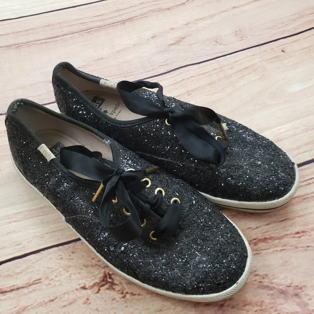 Keds Kate Spade Shoes Womens Size 5‎ Black Glitter Lace Up Sneakers WF52882